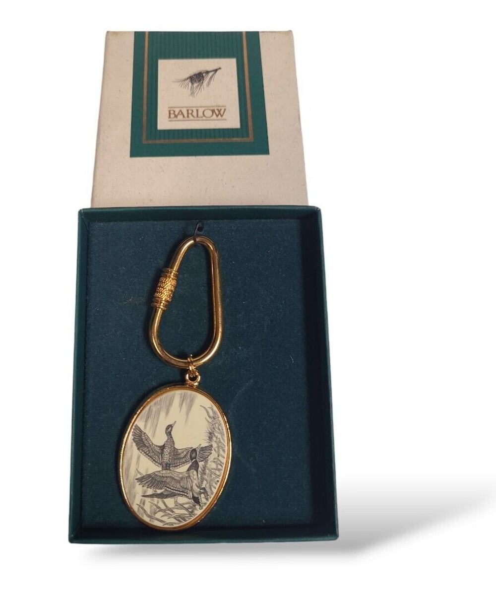Barlow Goose Geese Scene Brass Key Chain New Boxed Vintage Gold Creme USA Made